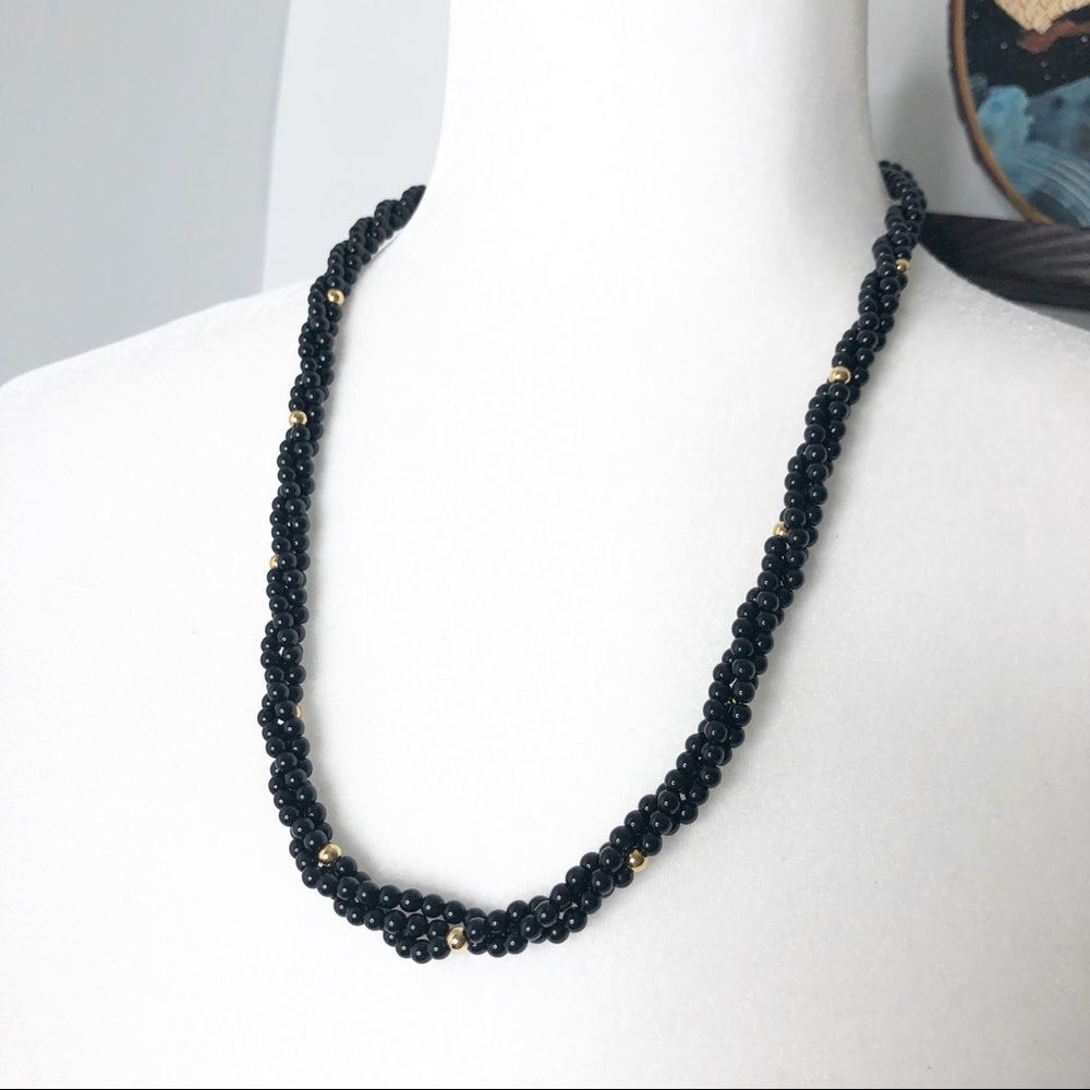 Vintage Trifari Black Seed Bead Dual Tone Necklace